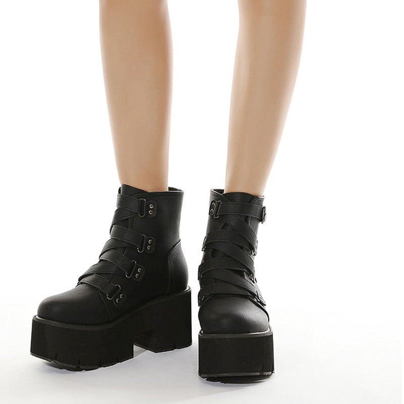 Amozae Winter New Thick-Soled Nightclub Women's Shoes Thick High-Heeled Ankle Boots Black Leather Trend Tênis Femininos