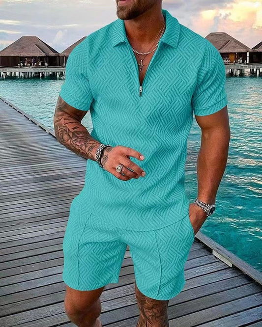 flowersverse Men's Polo Suit Fashion Men Sets Mens Solid Color Summer V-neck Zipper Short Sleeve POLO Shirt+Shorts Two Pieces Men Casual Suit