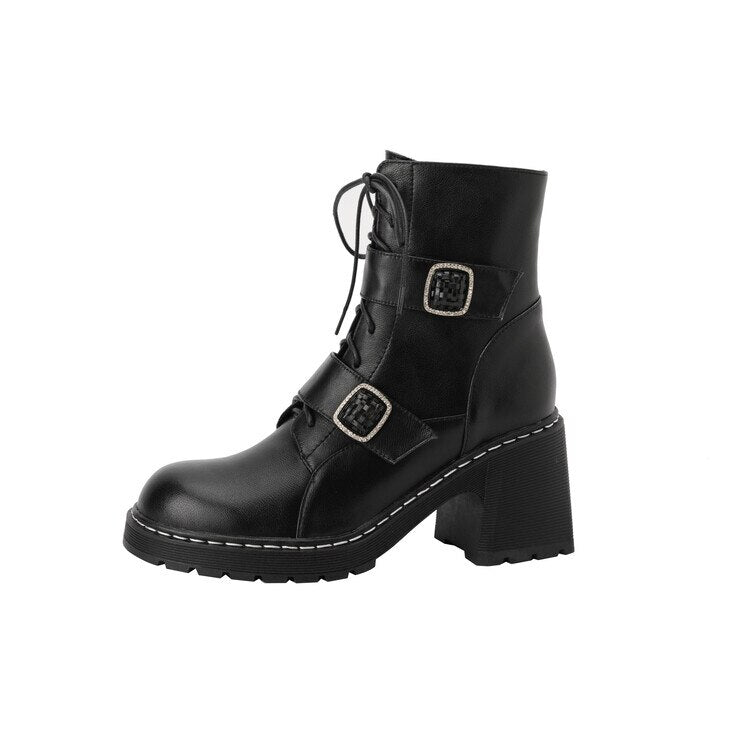 flowersverse Autumn Winter Round Toe Women Boots Chunky Heel Shoes For Women Short Boots Belt Buckle Side Zipper High Heels Knight Boots