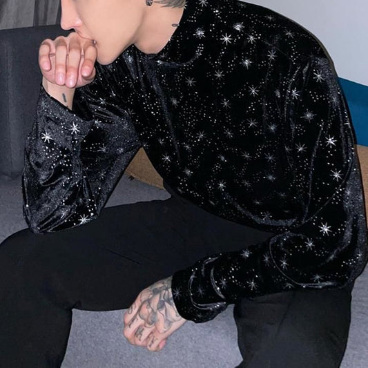 flowersverse Men Casual T Shirt Printed Velour Turtleneck Streetwear Long Sleeve Undershirts Cozy Leisure Men Clothing EU XS-XL