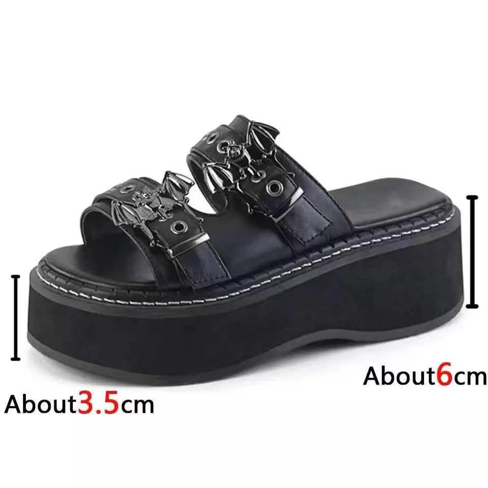 Amozae Woman Summer Slippers Shoes Women Gothic Punk Round Toe Platform Sandals Slide Lady High Heels Wedges Female Sandals Black Shoe
