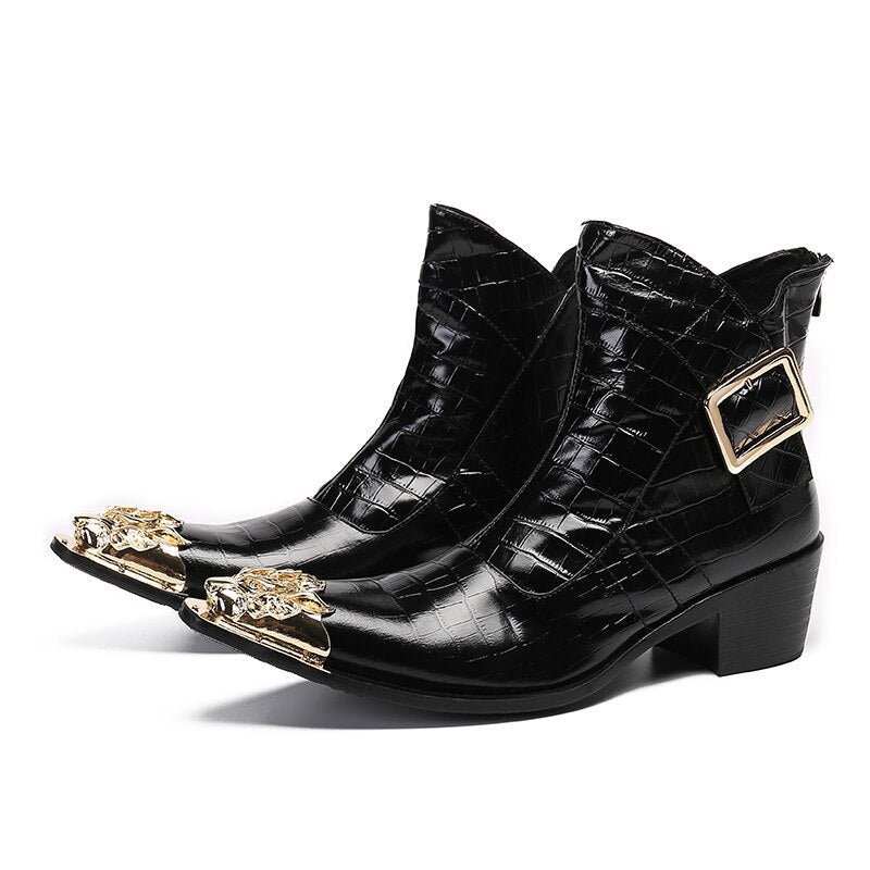 Amozae Fashion Luxury High Heels Men Boots Genuine Leather Ankle Boots Men Italian Business Dress Shoes Pointed Toe Cowboy Boots