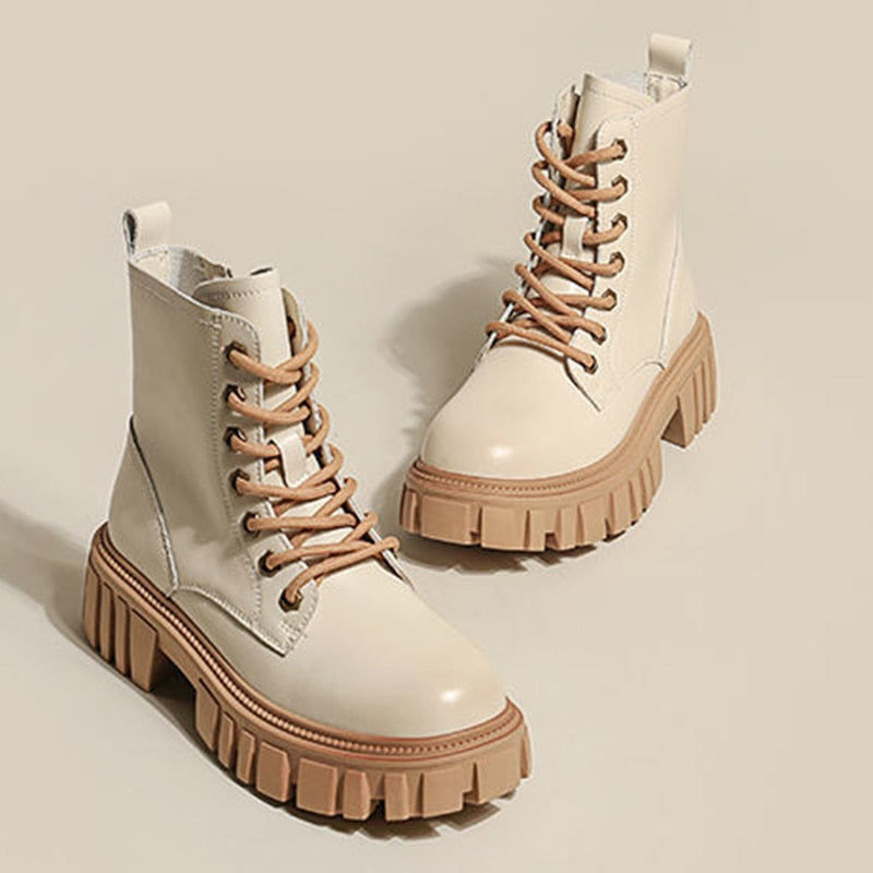 flowersverse Women Mid Calf Boots Autumn Lace-Up Platform Boots Woman Shoes Round Toe Soft Bottom Ladies Booties Female Botas