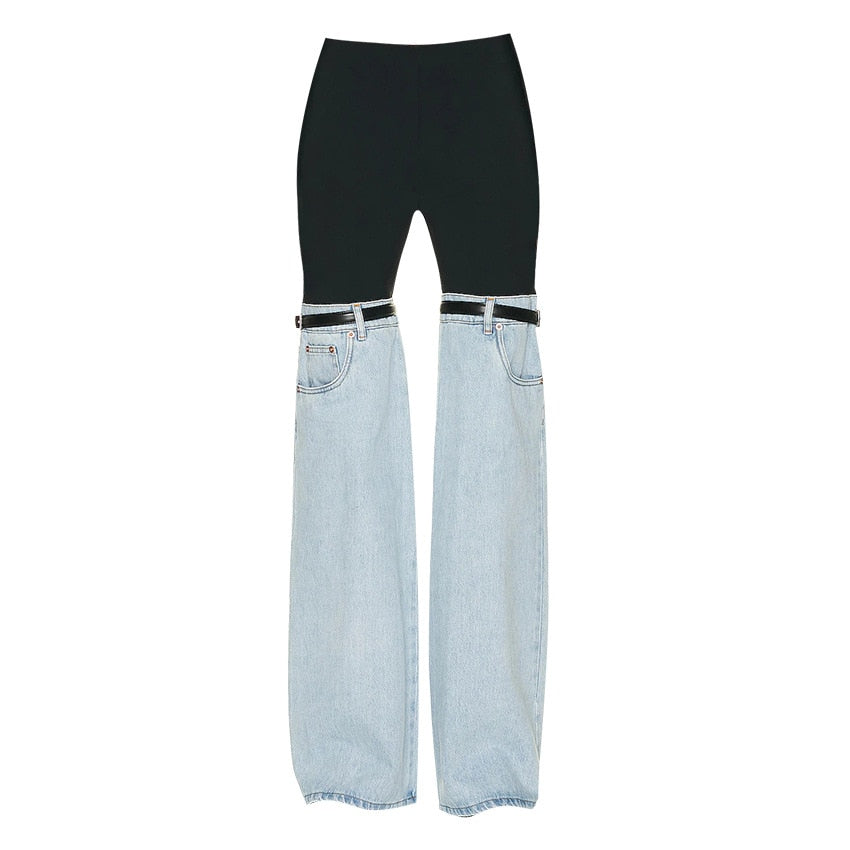 Spliced Jeans Spring New High-waist Straight Fashion High Street Ankle-Length Pants