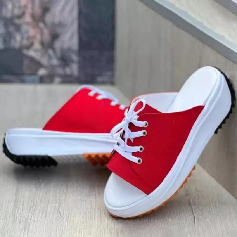 Amozae Summer Womens Platform Slippers Shoes Large Size Lace-Up Fish Mouth Canvas Slipper Shoes For Women Beach Thick Bottom Sandals