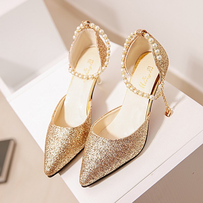flowersverse Pointed toe Pearl High heels shoes Female Fashion hollow with Sandals Paillette of the Thin Breathable shoes Women Pumps