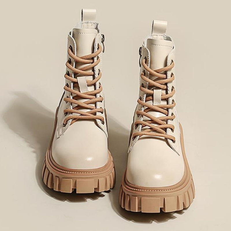 flowersverse Women Mid Calf Boots Autumn Lace-Up Platform Boots Woman Shoes Round Toe Soft Bottom Ladies Booties Female Botas
