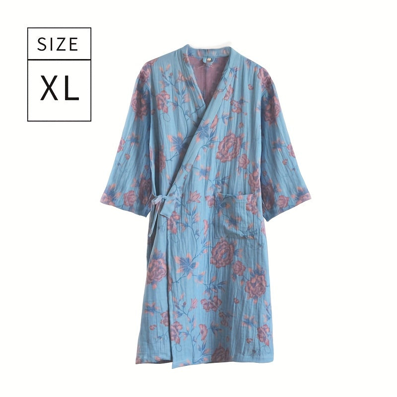 1pc Summer Women's Bathrobe, Absorbent Cotton Floral Printed Sleepwear, Super Soft Spa Robe, For Bathroom Bedroom Spa, Ideal Bathroom Supplies, Summer Accessories