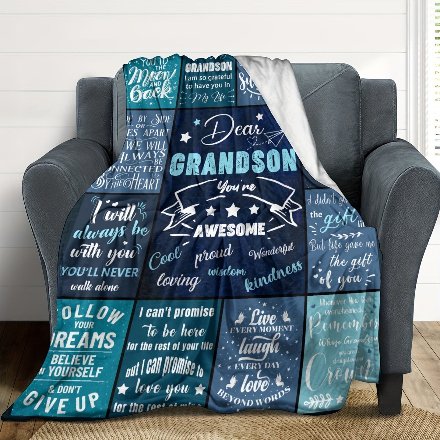 1pc Cozy Pattern Printed Blanket with Heartfelt Letter to Grandson - Soft, Plush, and Contemporary Design for Travel, Sofa, Office, and Home Decor - Perfect Birthday Gift for All Seasons