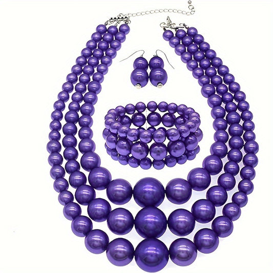 3-Piece Vintage Festive Gift Set - Exquisite Bohemian Luxury Multi-Layer Faux Pearl Jewelry with Necklace, Bracelet, and Earrings - Perfect for Any Occasion, Elegant and Sophisticated Accessory for Women