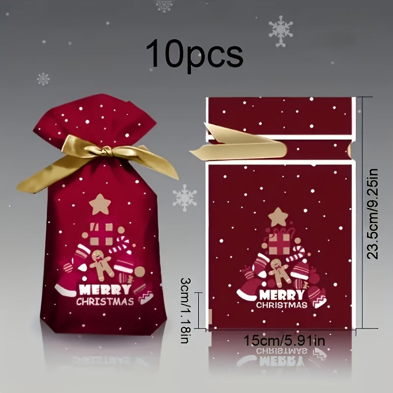 10-Pack Festive Christmas Gift Bags with Drawstring - Plastic Treat Bags for Cookies, Candy, and Snacks - Holiday Party Favor Packaging
