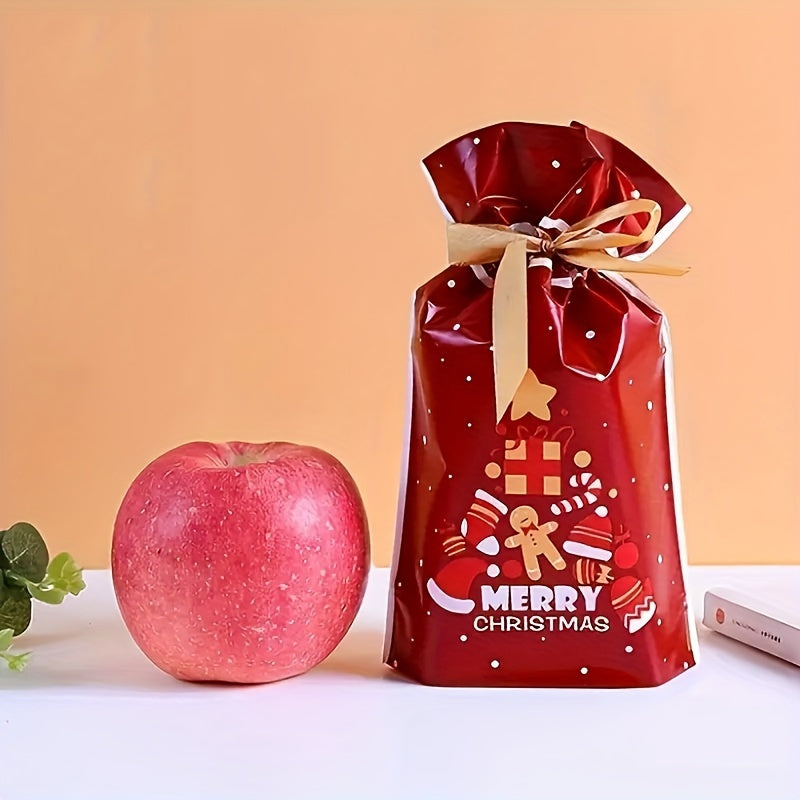 10-Pack Festive Christmas Gift Bags with Drawstring - Plastic Treat Bags for Cookies, Candy, and Snacks - Holiday Party Favor Packaging