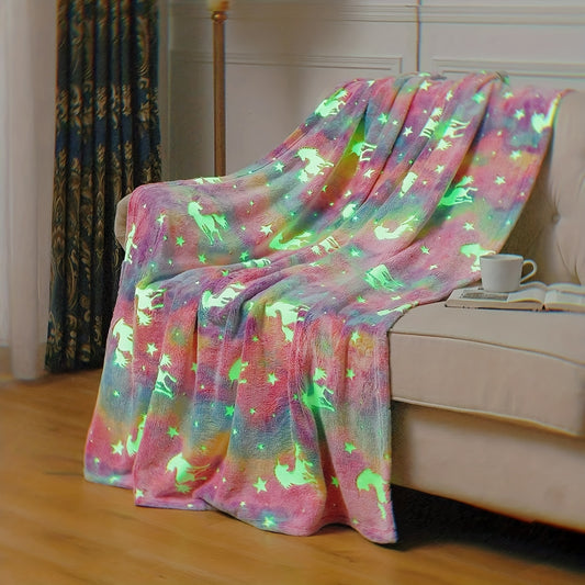 1pc Vibrant Rainbow Unicorn Glow-in-the-Dark Blanket - Soft, Plush, Flannel, Cozy Throw for Girls' Bedroom Decor - Perfect Unicorns Gifts for Kids' Birthday, 60'' x 50'' Large Size, Colorful, Magical, and Whimsical Room Accessory