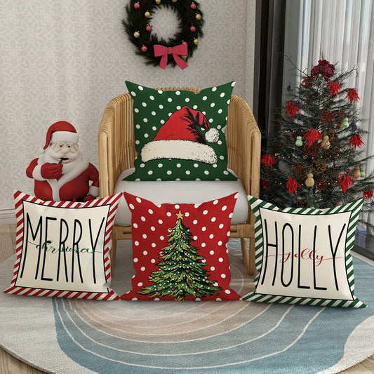4-Pack 18x18 inches Velvet Christmas Throw Pillow Covers, Soft Decorative Cushion Cases with Santa Hat & Tree Design, Contemporary Farmhouse Style, Zippered, Machine Washable for Living Room Sofa Bed Decor
