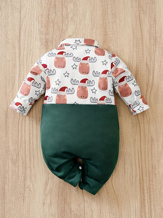 Faux Formal Suit Design Xmas Deer & Gift Pattern Jumpsuit With A Bow Tie For Baby Boys, Suitable For Autumn And Winter Outdoors