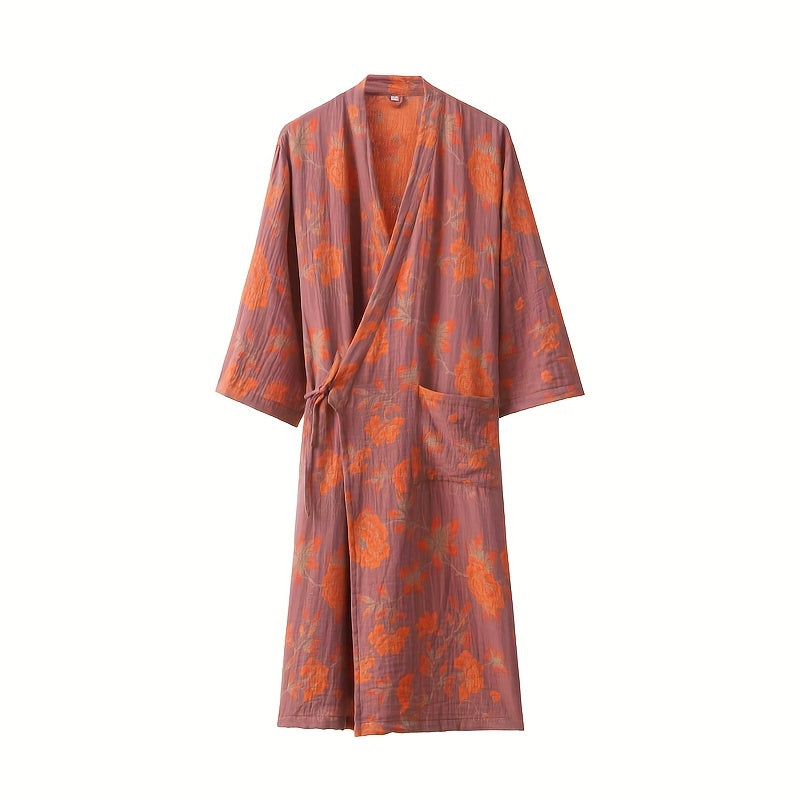 1pc Summer Women's Bathrobe, Absorbent Cotton Floral Printed Sleepwear, Super Soft Spa Robe, For Bathroom Bedroom Spa, Ideal Bathroom Supplies, Summer Accessories