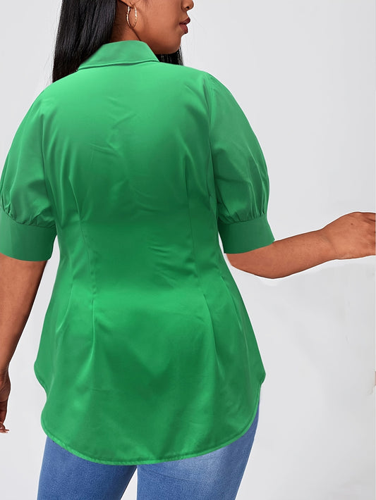 Plus Size Timeless Solid Color Button Front Collared Short Sleeve Blouse - Relaxed Casual Fit for Spring and Summer - High-Quality Womens Clothing for Confident Plus Size Women