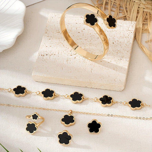 1 Pair Stud Earrings + 1 Pc Necklace + 1 Pc Bracelet + 1 Pc Bangle + 1 Pc Ring - Lucky Flower Design Alloy Jewelry Set for Women - Trendy Female Gift with Elegant Style and Durable Quality