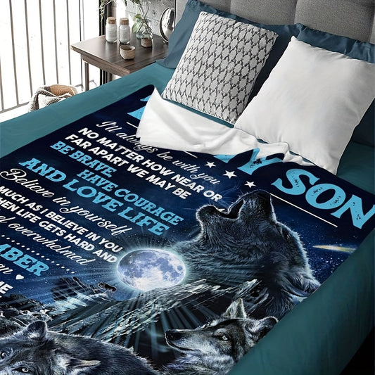 1pc Cozy Wolf Printed Flannel Blanket - Ultra-Soft, Warm, and Versatile Throw for Couch, Bed, Sofa, Office, and Camping - Heartfelt Gift for Son from Mom with Envelope Design