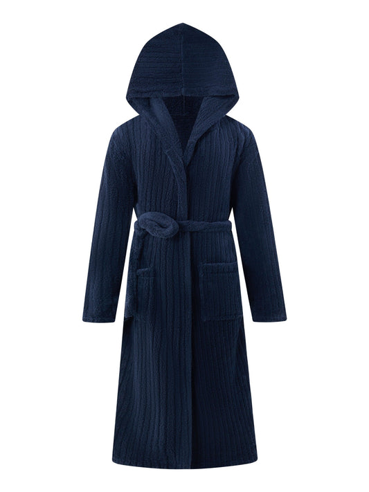 Men's Comfy Solid Fleece Robe Home Hooded Pajamas Wear With Pockets & Hair Dry Hat, One-piece Lace Up Kimono Night-robe Warm Sets After Bath