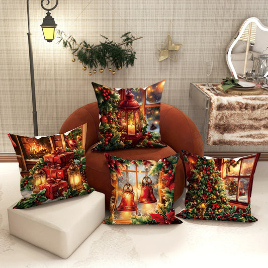 4-Piece Festive Velvet Throw Pillow Covers - Soft, Machine Washable, Zipper Closure, Contemporary Style, 18in x 18in - Perfect for Living Room, Bedroom, Sofa, and Bed Decor