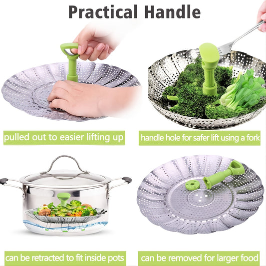 1pc Premium Foldable Stainless Steel Vegetable Steamer Basket - Effortlessly Cook & Lock Nutrients in Your Favorite Veggies with its Durable, Space-Saving Design - Perfect for Healthy Meals