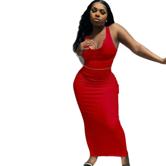 flowersverse Plus Size Women Solid Top and Slit Sexy Skirt Two-Piece Set