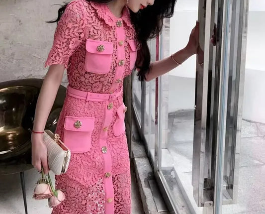 Two Piece Dress SS Sexy Hollow Out Floral Women Lace Pieces Sets Lapel Tops with Short Sling Lining Skirt Belt 230410