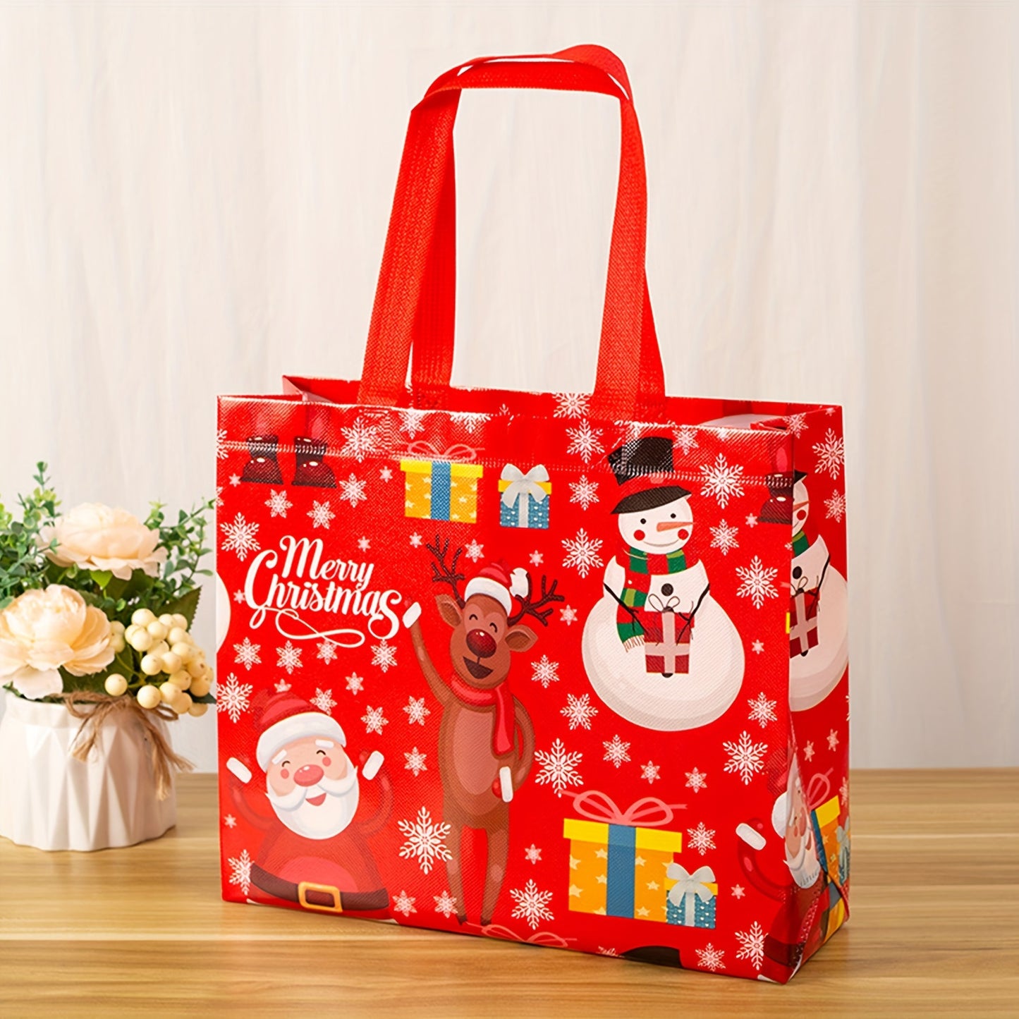1pc Festive Non-Woven Christmas Gift Bag, Reusable Cartoon Shopping Tote for Holiday Party, Durable Fabric Material