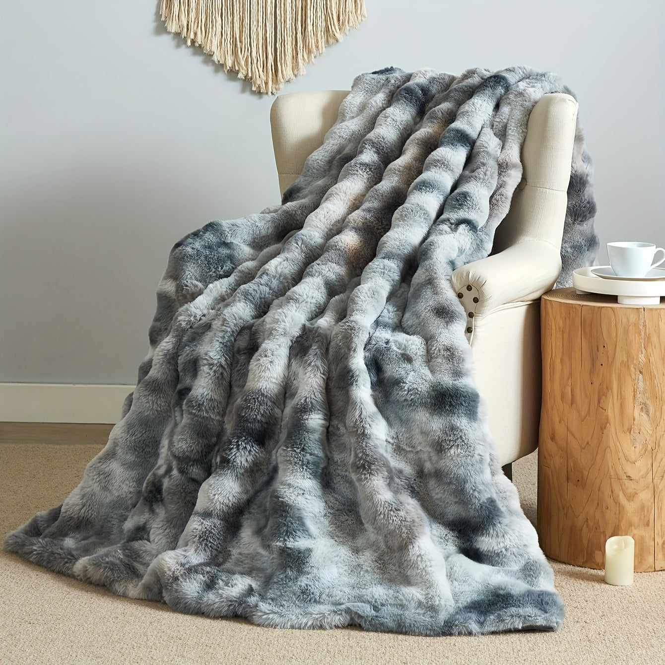 1pc Luxurious Tie-Dye Faux Rabbit Fur Shaggy Blanket - Soft, Fluffy, Plush Throw for Bed, Sofa, Nap - Warm, Cozy, and Velvety Texture