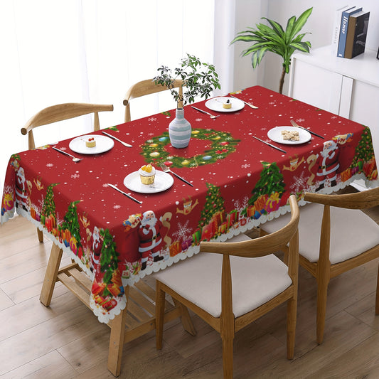 1pc Vibrant Merry Christmas Polyester Tablecloth - Pine Tree Snowflake Santa Claus Pattern, Waterproof, Stain-Resistant, Easy-to-Clean, Atmospheric Table Decor, Holiday Desktop Decoration Fabric, Home Decoration, Christmas Decor, Gift Idea for Family and
