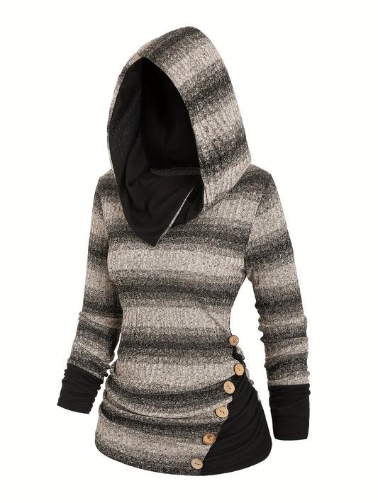 Cozy Striped Hooded Sweatshirt - Soft Mid-Elasticity Polyester, Machine Washable, Elegant Casual Long Sleeve Ruched Design, Perfect for Fall/Winter - Womens Stylish Knit Fabric Clothing