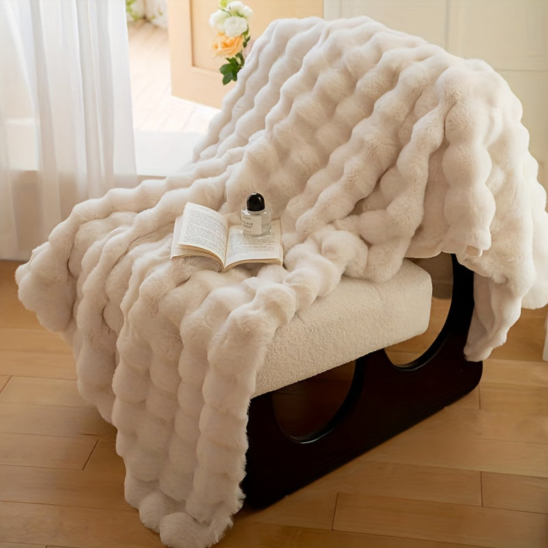 1pc Luxurious Faux Rabbit Fur Reversible Throw Blanket - Soft, Warm, Cozy, Versatile, and Lightweight for Office, Outdoor, Camping, Sofa, and Gift - Perfect for All Seasons and Occasions