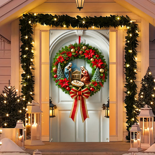Nativity Scene Christmas Wreath Door Cover - Polyester, Machine Washable, Perfect for All Seasons & Home Decor (70.87x35.43 inches)