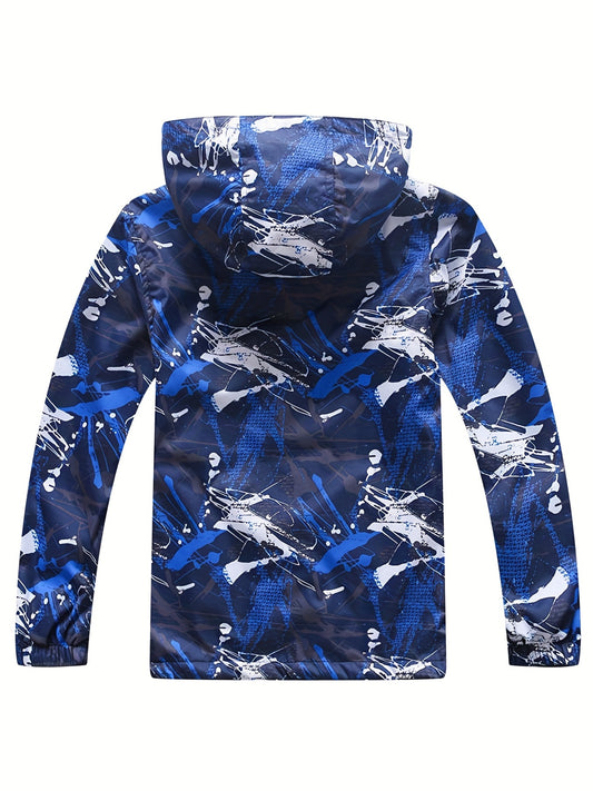 Boys Fashion Windbreaker Fleece Lining Hooded Jacket, Long Sleeve Zip Up Waterproof Jacket, Kids Clothing