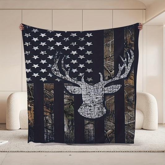 1pc Soft & Cozy Flannel Blanket - American Flag Deer Head Pattern, Warm and Comfortable for Sofa, Bed, Office - Perfect Christmas, Halloween Gift or Everyday Use