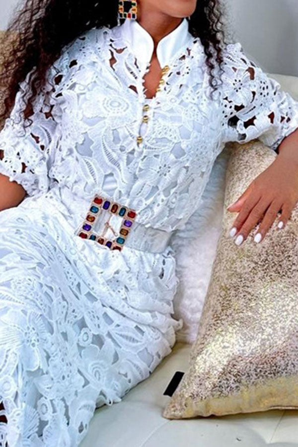 namcoverse Floral Lace Cutout Feminine Maxi Dress With Belt