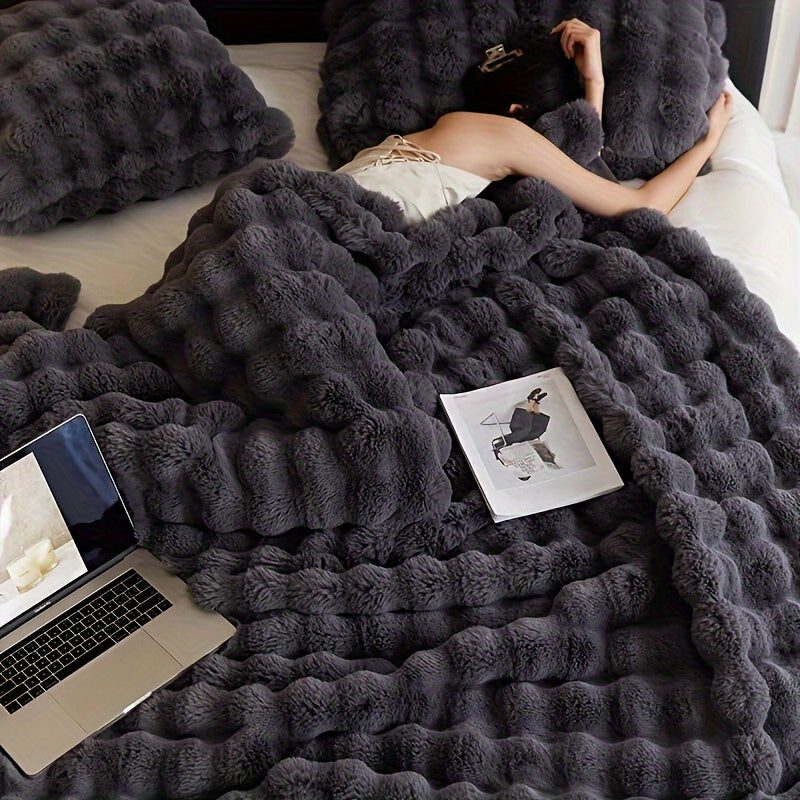 1pc Luxurious Faux Rabbit Fur Reversible Throw Blanket - Soft, Warm, Cozy, Versatile, and Lightweight for Office, Outdoor, Camping, Sofa, and Gift - Perfect for All Seasons and Occasions