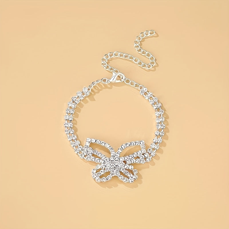 2pcs Butterfly Full Rhinestone Decor Bracelet + Anklet Set, Alloy Sparkling Hollow Butterfly Charm Bracelet And Anklet Set For Women Beach Party Wearing