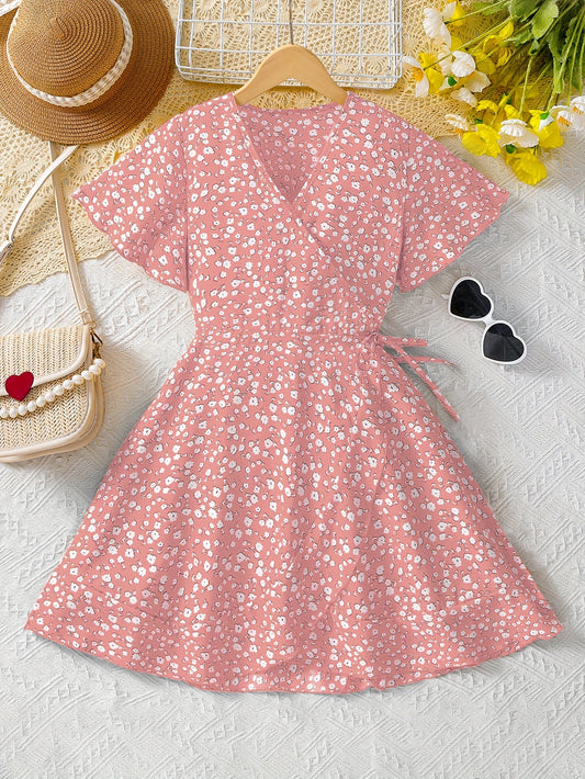 Vibrant Floral Fitted V-Neck Short Sleeve Dress for Girls - Asymmetrical, Non-Stretch Polyester Fabric, Machine Washable, Perfect for Spring and Summer Parties, Casual Occasions, and Gifts