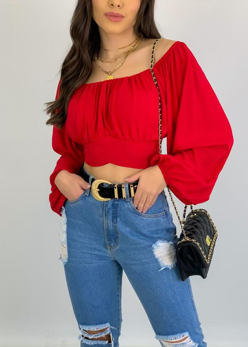 flowersverse Loose Batwing Sleeves Solid Color V-Neck Blouses&Shirts Tops