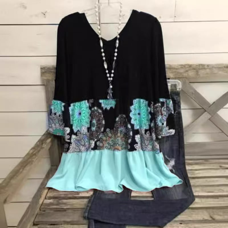 flowersverse Large size Black Crew Neck Casual Printed Knitting Tunic Dress