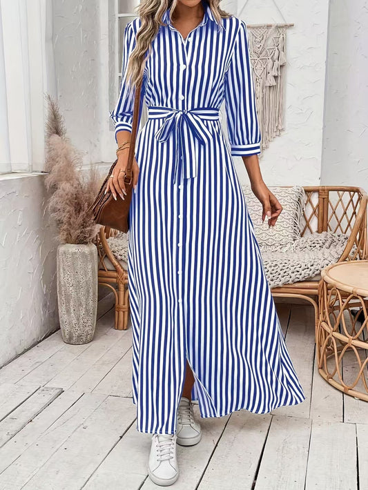 flowersverse Work A-Line Shirt Collar Long Sleeve Midi Dress