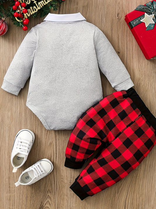 2pcs Baby's Christmas Co-Ords, Bow Decor Turndown Collar Faux Two-piece Romper & Casual Pants, Toddler & Infant Boy's Clothing Set For Fall Winter, Outdoor Cloth