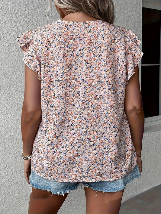 Flirty Plus Size Floral Blouse - Casual V Neck, Cap Sleeve design for Spring Styling - Comfortable & Feminine, Perfect Trendy Top for Curvy Women