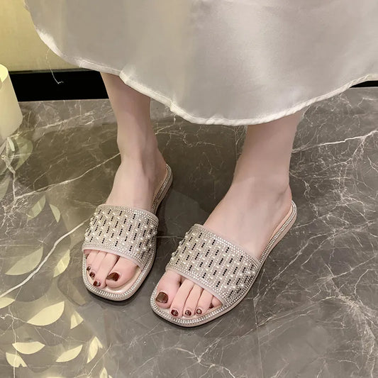 Fashion versatile flat bottom lazy one word pearl small fragrant wind sandals slippers soft sole