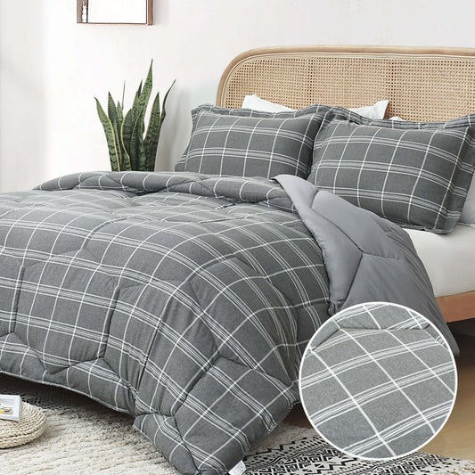3 Pieces Reversible Quilted Comforter Set, Cationic Dyeing Comforter with Contemporary Plaid Pattern, Preppy Bedding Sets-Include 1 Comforter, 2 Pillow Shams for Bedroom