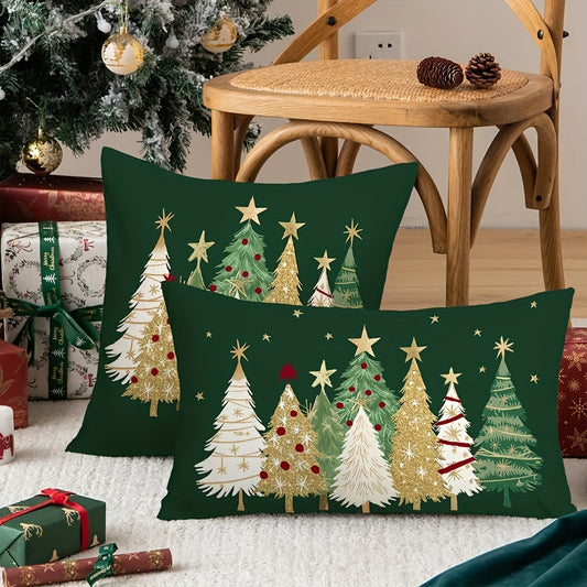 Charming Watercolor Christmas Tree & Stars Pillow Cover 12x20 Inch - Farmhouse Style Linen Cushion Case for Sofa and Home Decor, Zip Closure, Machine Washable