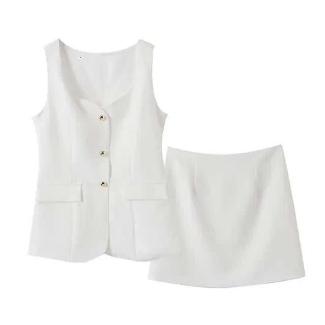 Elegant Top Skirts Set Women White Single Breasted Square Collar Sleeveless Vest Suit Mini Skirt Sets Summer Lady Outfits 240511