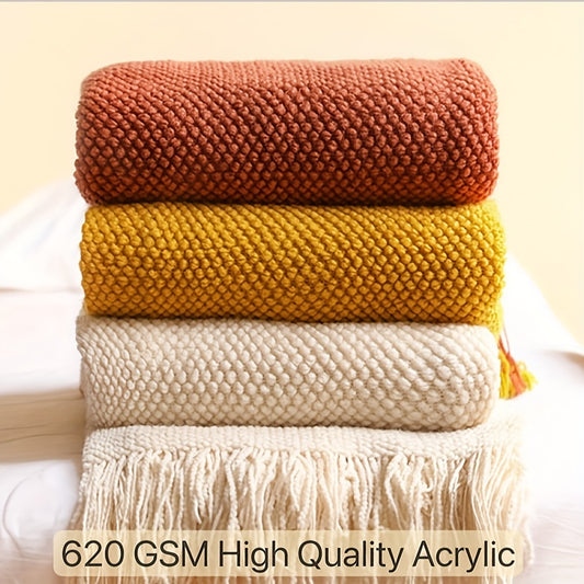 1pc Cozy Knitted Throw Blanket with Tassels - Soft, Lightweight, Bubble Textured, Perfect for Couch, Bed, Sofa, Home Decor - Adds Warmth and Style to Any Room
